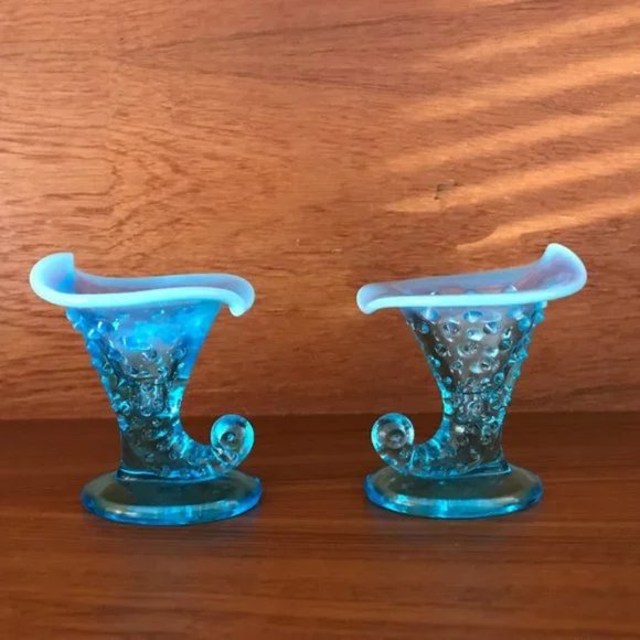 Vintage Fenton Art Glass Blue Hobnail Opalescent Vases or Toothpick - Picture 3 of 6